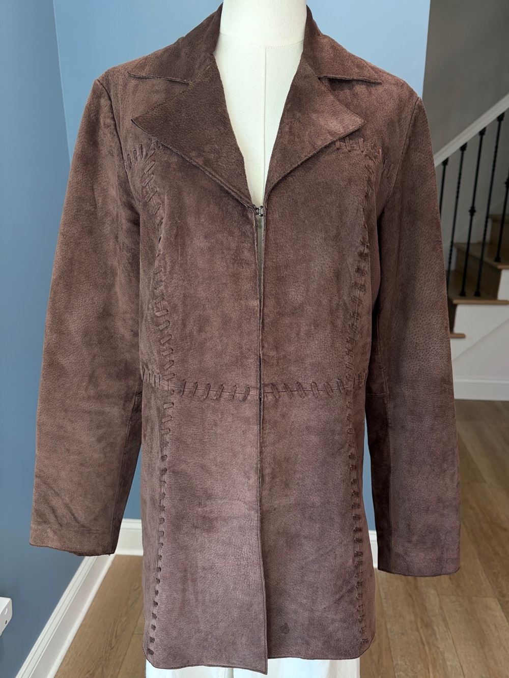 Sonoma Genuine Leather Brown Suede Whipstitch Long Jacket Coat M